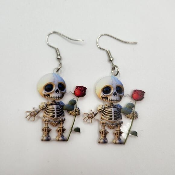 Acrylic Skeleton Holding Red Rose Dangle Earrings Halloween Gothic - Picture 2 of 7
